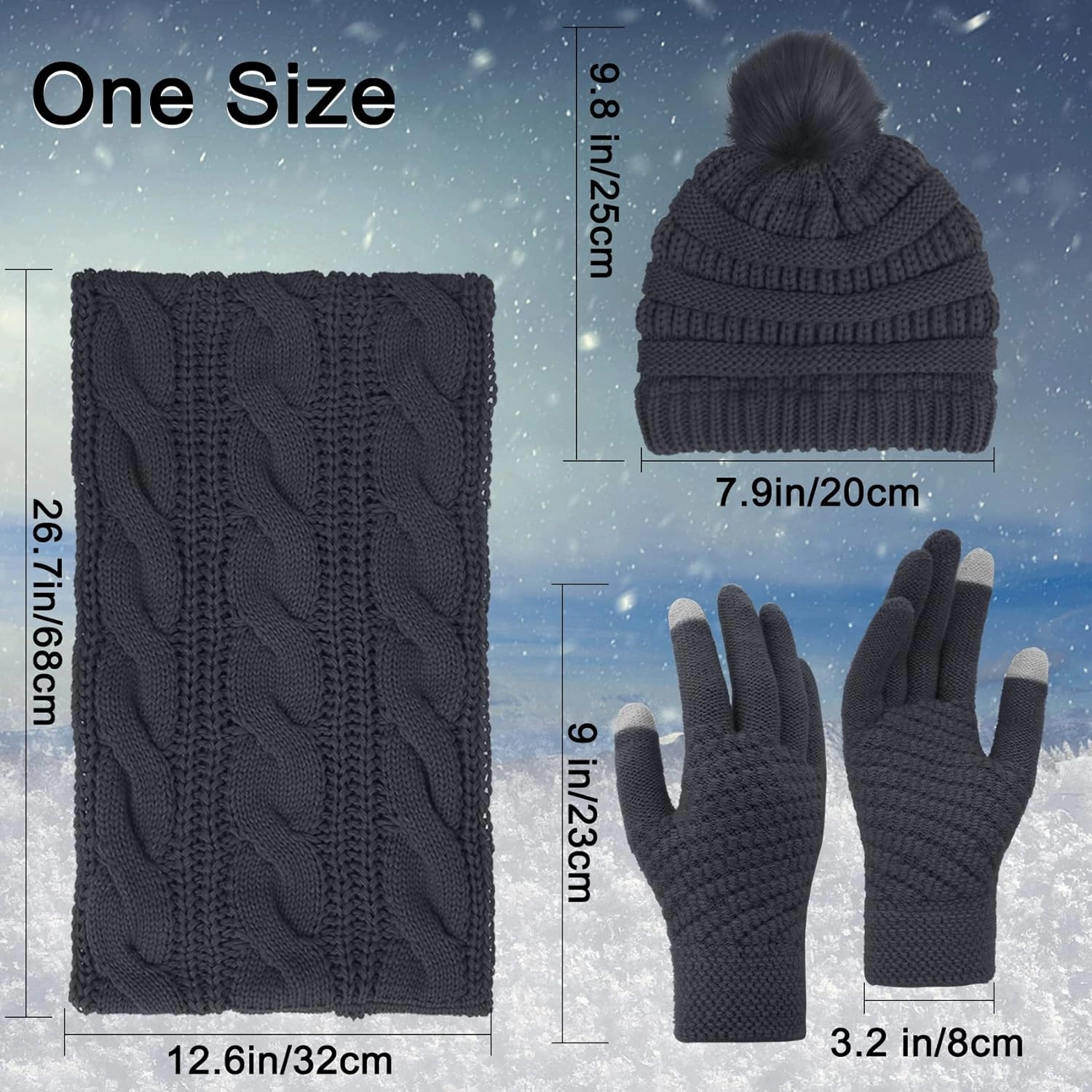 Double Couple 3pcs Winter Beanie Hat Scarf and Touch Screen Gloves Set for Women Knit Hat with Faux Fur Ball Scarves Glove