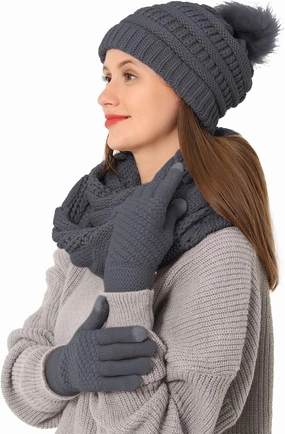 Double Couple 3pcs Winter Beanie Hat Scarf and Touch Screen Gloves Set for Women Knit Hat with Faux Fur Ball Scarves Glove