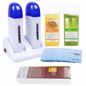 Double Depilatory Roll on Wax Heater Roller Warmer Cartridge Strips Hair Removal Kit with ON/OFF Switch (Aloe & Honey Wax Refill)