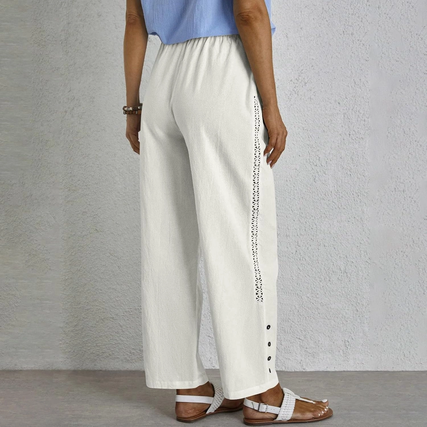 Drawstring Waist Linen Pants for Women Elastic Waistband Straight Leg Button Detailing Trouser Beach Boho Casual Pant