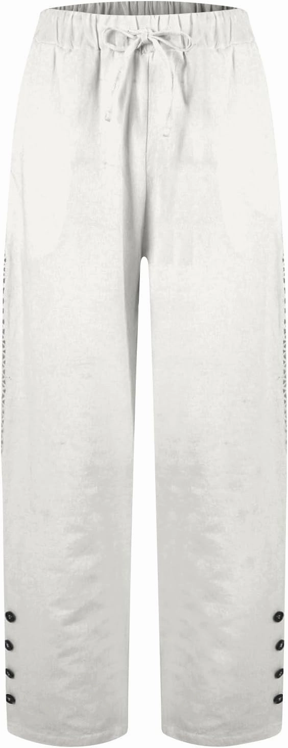 Drawstring Waist Linen Pants for Women Elastic Waistband Straight Leg Button Detailing Trouser Beach Boho Casual Pant