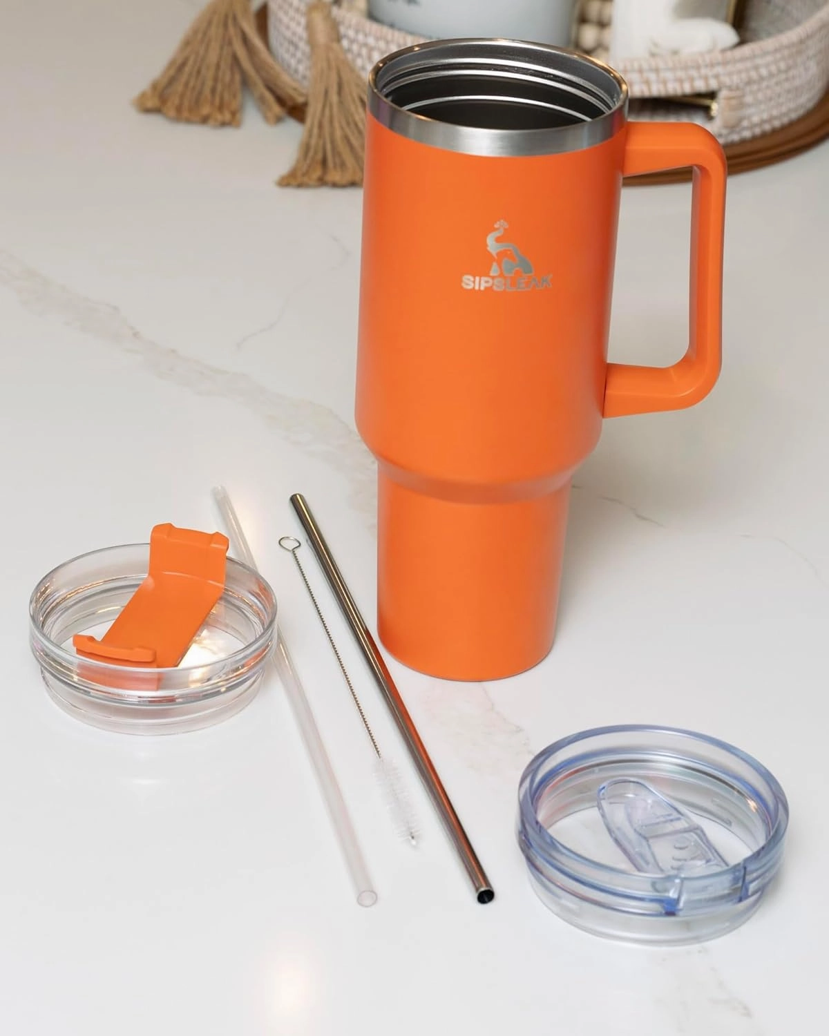 Du&Kha SIPSLEAK 40 Oz Tumbler with Handle and Straw – Stainless Steel Insulated Tumblers with 2 Lids, 2 Straws, Straw Brush – Portable and Reusable Coffee Tumbler Travel Coffee Mug Keeps Hot and Cold