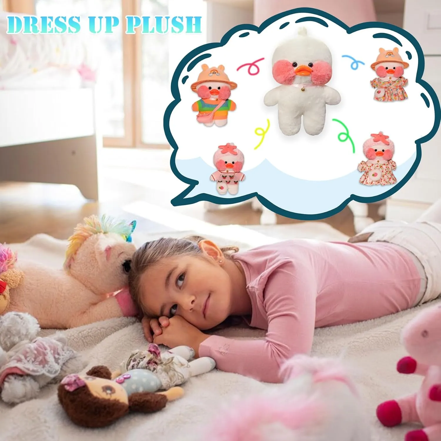 Duck Stuffed Animals for Girls & Teens,Cute Plushies with 8 Pcs Duck Clothes & Accessories,Cute Toys with 3 Kawaii Stuffed Animal Clothes