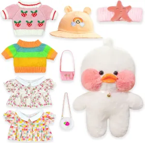 Duck Stuffed Animals for Girls & Teens,Cute Plushies with 8 Pcs Duck Clothes & Accessories,Cute Toys with 3 Kawaii Stuffed Animal Clothes