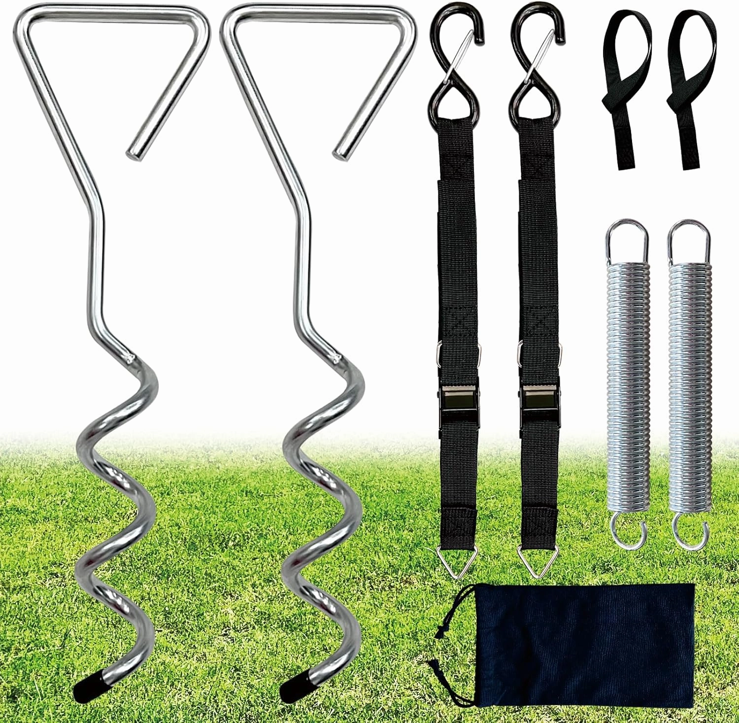 Dulepax RV Awning Tie Down Kit, Heavy Duty RV Awning Anchor Kit, Camper Awning Anchors Accessories Set, Include Shock Absorbing Spring, Spiral Stakes, Soft Loops, Pre-Assembled Thick Straps