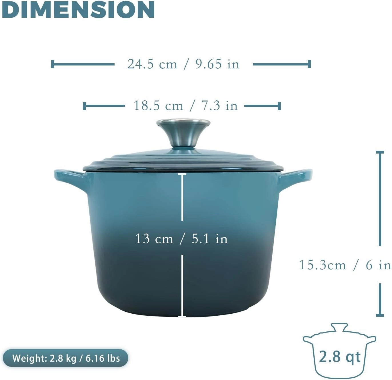 Dutch Oven Pot with Lid 2.8 qt Cast Iron Dutch Oven for Bread Baking Slateblue Enameled Cast Iron Rice Pot with Handels