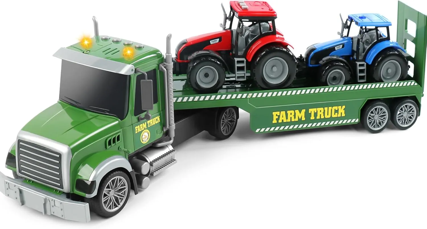 Dwi Dowellin 27" Large Friction Powered Farm Truck Toy with Tractors,Semi Truck Toys for 3 4 5 6 Years Old Toddlers Kids Boys & Girls Gift