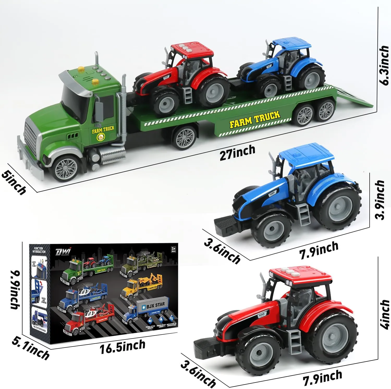 Dwi Dowellin 27" Large Friction Powered Farm Truck Toy with Tractors,Semi Truck Toys for 3 4 5 6 Years Old Toddlers Kids Boys & Girls Gift