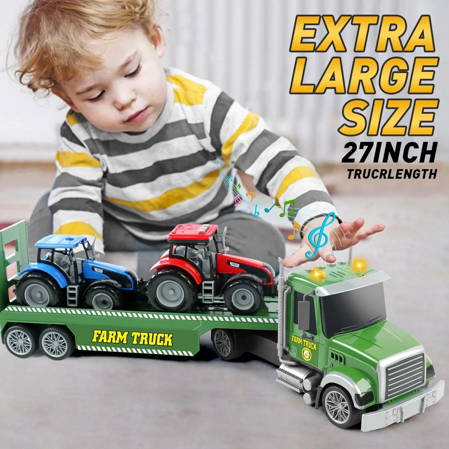 Dwi Dowellin 27" Large Friction Powered Farm Truck Toy with Tractors,Semi Truck Toys for 3 4 5 6 Years Old Toddlers Kids Boys & Girls Gift