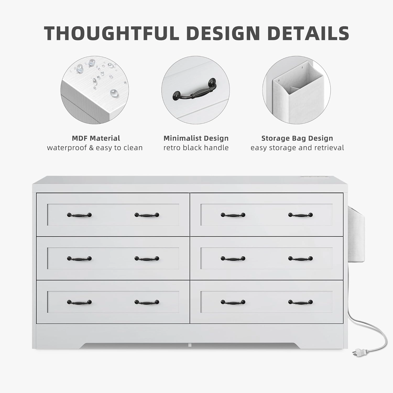 DWVO Farmhouse 6 Drawer Dresser for Bedroom, 60 Inch Large Modern Dresser TV Stand with Drawers & Bar Handles, Storage Dressers with Power Outlets, Rustic Wood Chest of Drawers, White