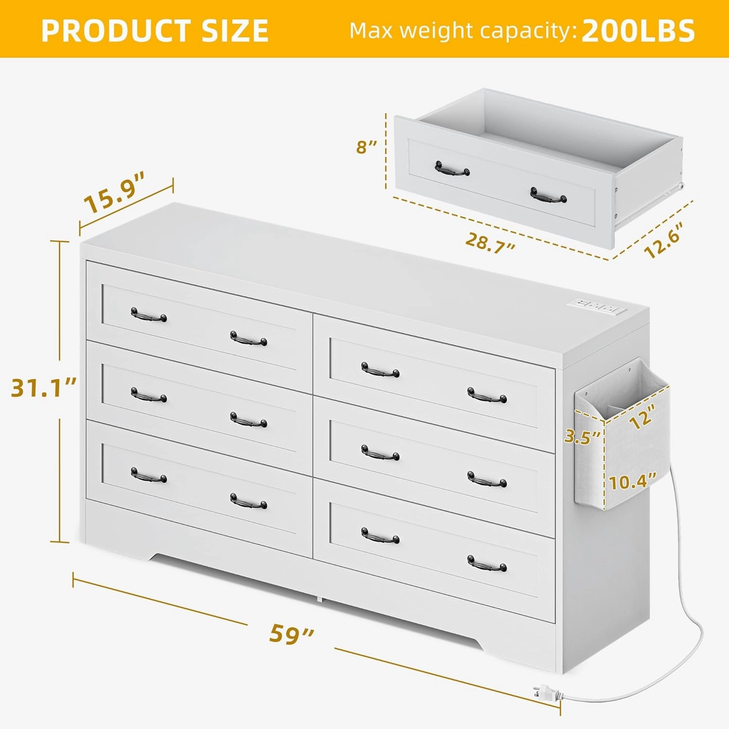 DWVO Farmhouse 6 Drawer Dresser for Bedroom, 60 Inch Large Modern Dresser TV Stand with Drawers & Bar Handles, Storage Dressers with Power Outlets, Rustic Wood Chest of Drawers, White