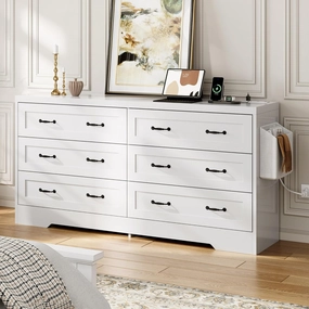 DWVO Farmhouse 6 Drawer Dresser for Bedroom, 60 Inch Large Modern Dresser TV Stand with Drawers & Bar Handles, Storage Dressers with Power Outlets, Rustic Wood Chest of Drawers, White