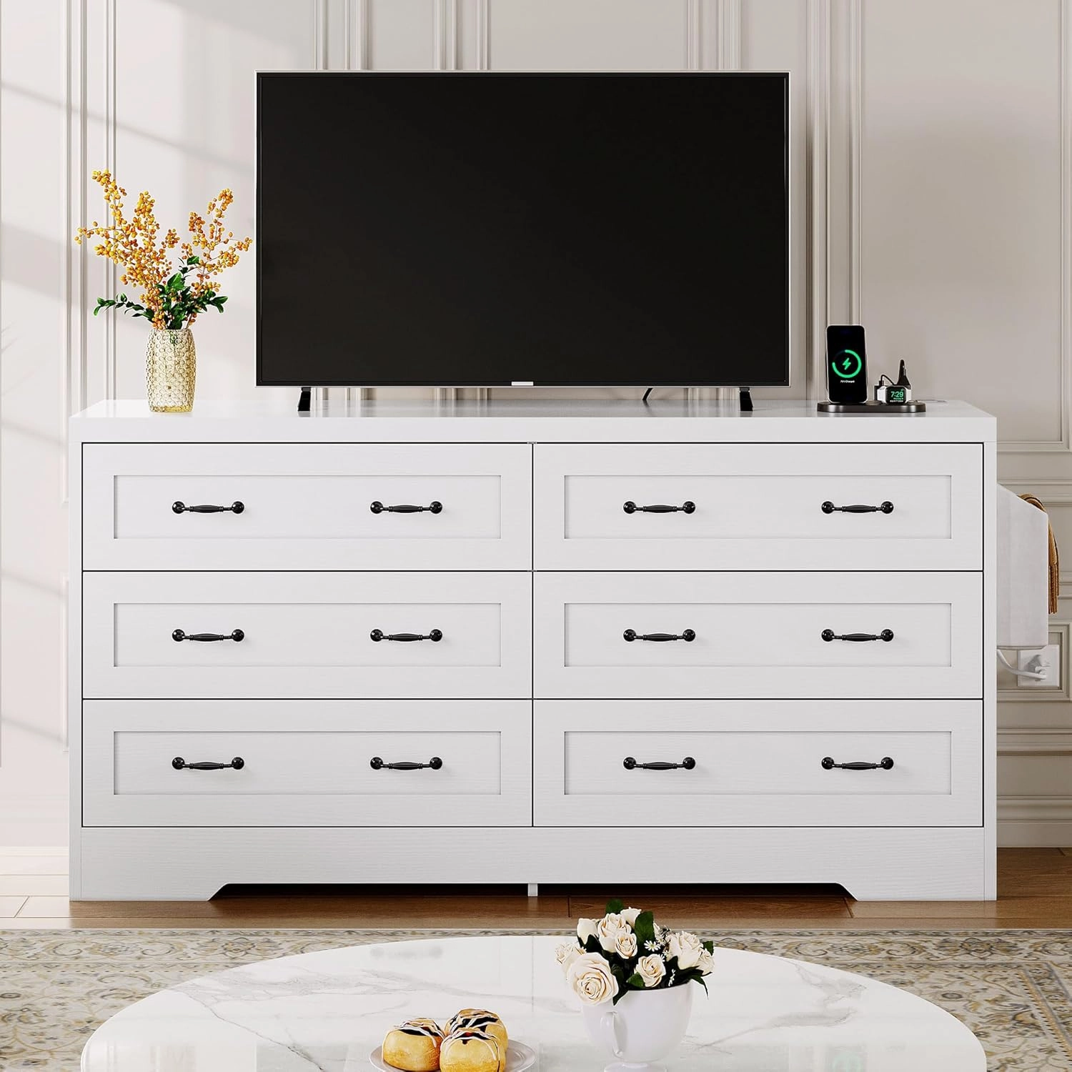 DWVO Farmhouse 6 Drawer Dresser for Bedroom, 60 Inch Large Modern Dresser TV Stand with Drawers & Bar Handles, Storage Dressers with Power Outlets, Rustic Wood Chest of Drawers, White