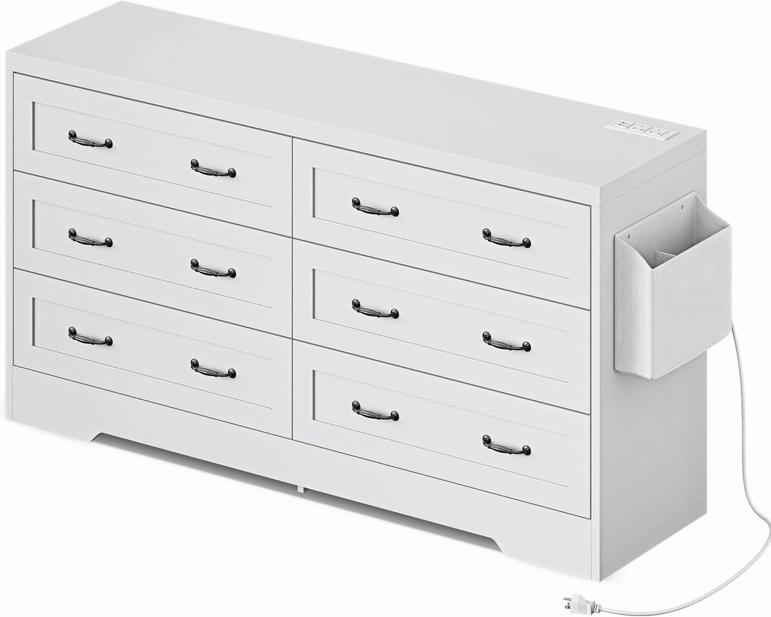 DWVO Farmhouse 6 Drawer Dresser for Bedroom, 60 Inch Large Modern Dresser TV Stand with Drawers & Bar Handles, Storage Dressers with Power Outlets, Rustic Wood Chest of Drawers, White