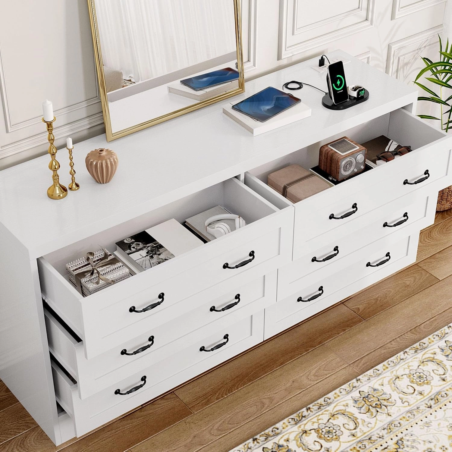DWVO Farmhouse 6 Drawer Dresser for Bedroom, 60 Inch Large Modern Dresser TV Stand with Drawers & Bar Handles, Storage Dressers with Power Outlets, Rustic Wood Chest of Drawers, White