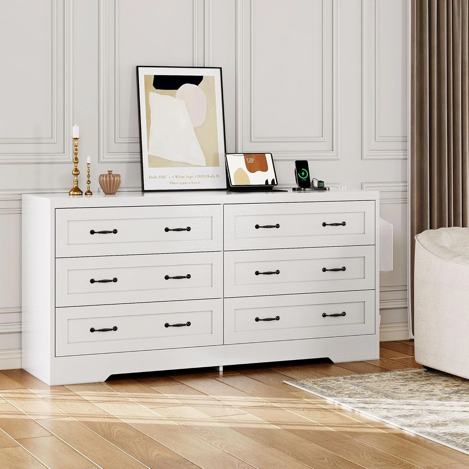 DWVO Farmhouse 6 Drawer Dresser for Bedroom, 60 Inch Large Modern Dresser TV Stand with Drawers & Bar Handles, Storage Dressers with Power Outlets, Rustic Wood Chest of Drawers, White