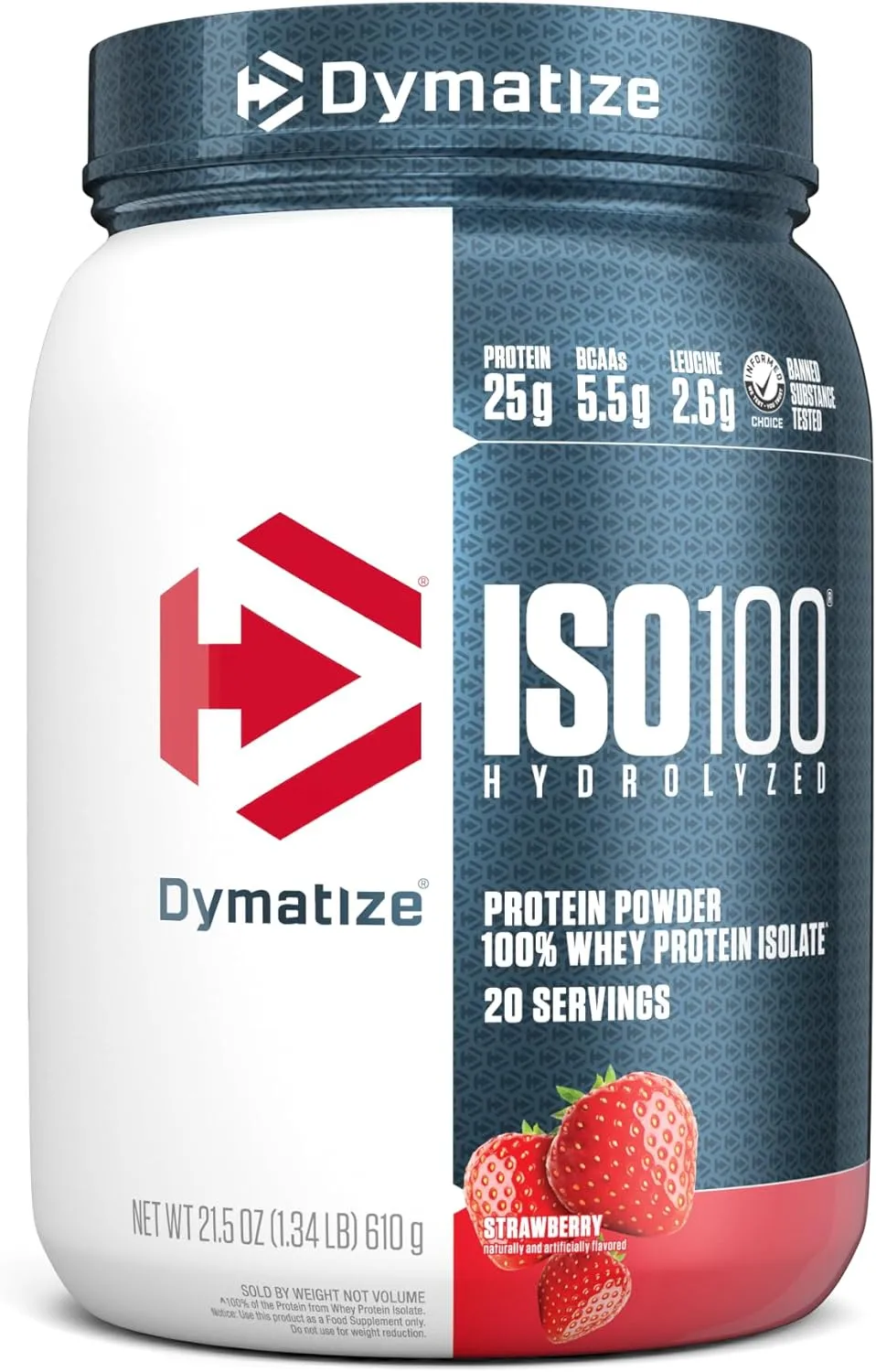 Dymatize ISO100 Whey Protein Powder Isolate, Strawberry, 25g of Protein, 20 Servings, 5.5g BCAAs, Less Than 120 Cal., Gluten Free, 1g Fat, 1g Sugar, 2g Carb