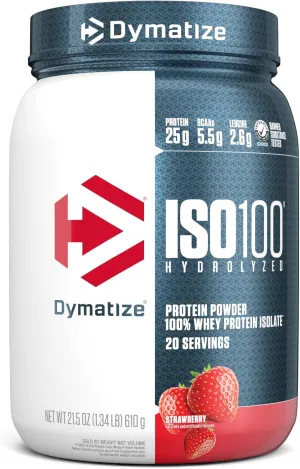 Dymatize ISO100 Whey Protein Powder Isolate, Strawberry, 25g of Protein, 20 Servings, 5.5g BCAAs, Less Than 120 Cal., Gluten Free, 1g Fat, 1g Sugar, 2g Carb
