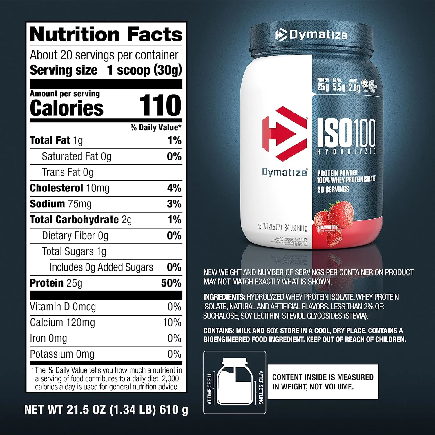 Dymatize ISO100 Whey Protein Powder Isolate, Strawberry, 25g of Protein, 20 Servings, 5.5g BCAAs, Less Than 120 Cal., Gluten Free, 1g Fat, 1g Sugar, 2g Carb