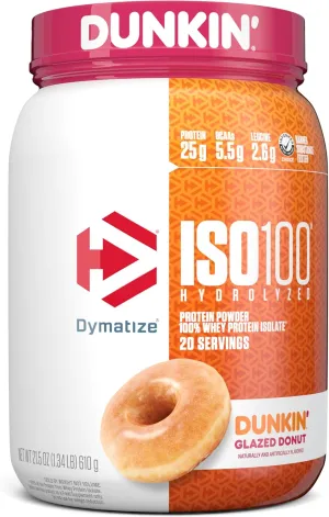 Dymatize x Dunkin' Glazed Donut ISO100 Whey Protein Powder, 25g of Protein, 20 Servings, 5.5g BCAAs, 120 Cal., Gluten Free, 1g Fat, 1g Sugar, 2g Carb