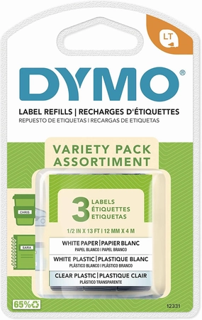 DYMO LT Labels Variety Pack, 1/2-Inch x 13-Foot Rolls, Black Print, 3 Rolls, for LetraTag Label Makers
