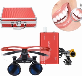EAST Brand 5W LED Headlight Lamp Plastic Clip On Type Filter with 2.5X420MM Working Distance Surgical Binocular Loupes Magnifier Aluminum Box (Red)