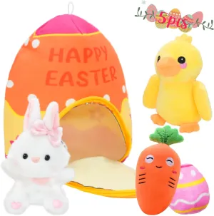 Easter Basket Playset, Easter Egg Stuffed Plush Bunny duck Carrot Egg for Girls Boys, Zip Up Basket with Storage for Party Favor, Easter Decorations and Gifts