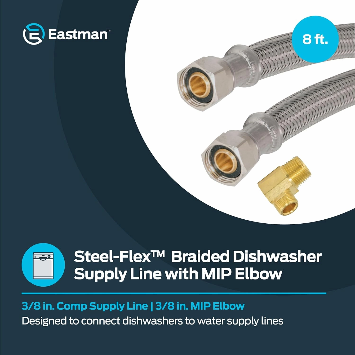 Eastman Dishwasher Installation Kit, 8 Foot Braided Stainless Steel Supply Line, 3/8 Inch x 3/8 Inch Compression with Elbow, 48366