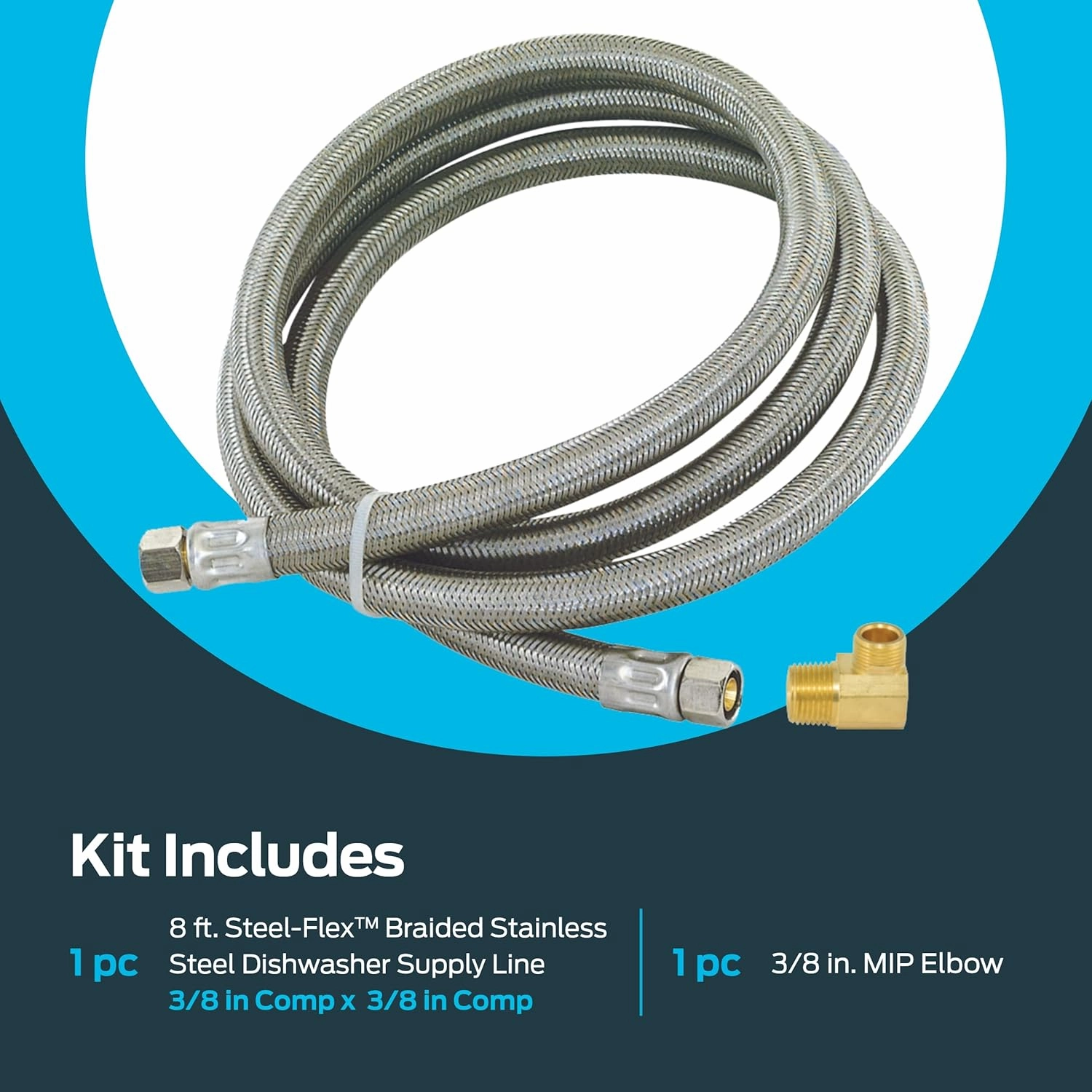 Eastman Dishwasher Installation Kit, 8 Foot Braided Stainless Steel Supply Line, 3/8 Inch x 3/8 Inch Compression with Elbow, 48366