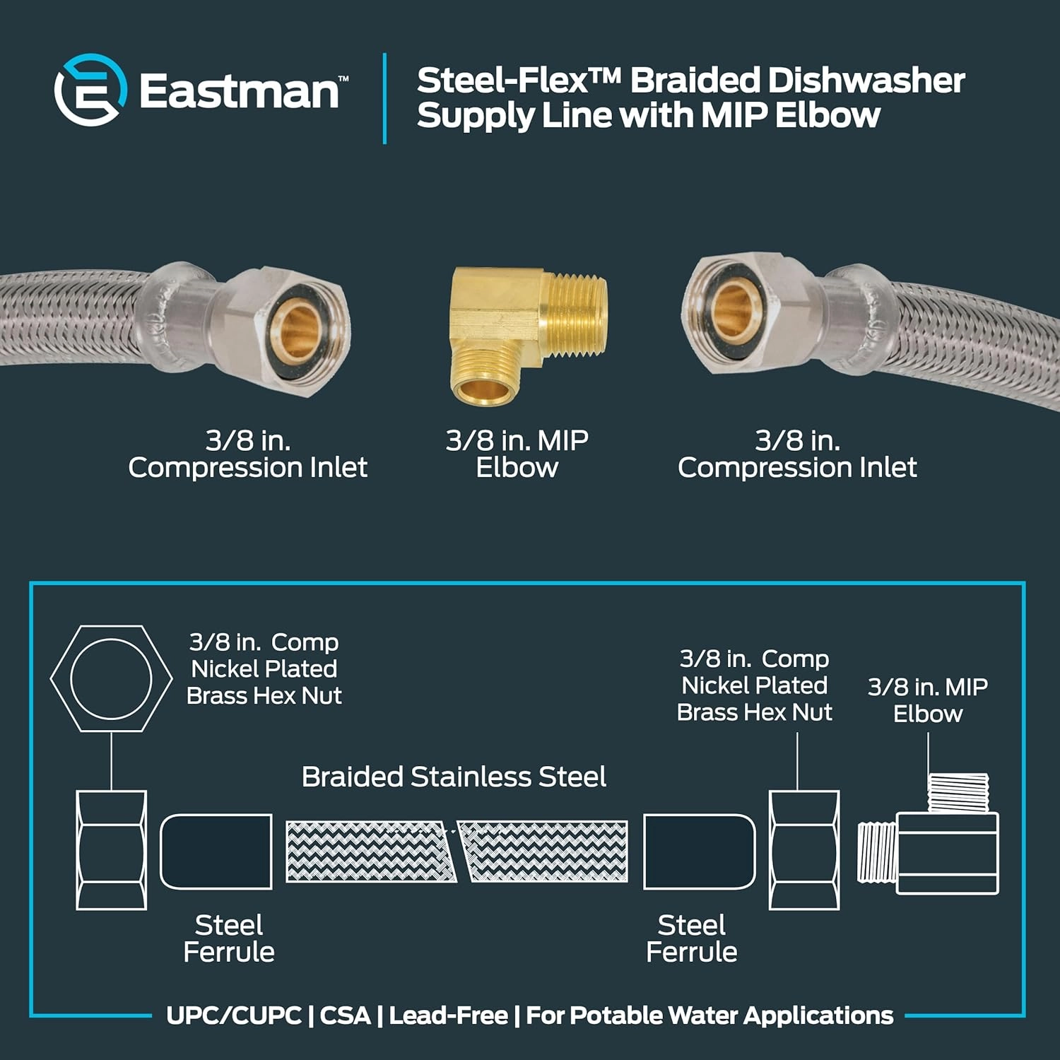 Eastman Dishwasher Installation Kit, 8 Foot Braided Stainless Steel Supply Line, 3/8 Inch x 3/8 Inch Compression with Elbow, 48366