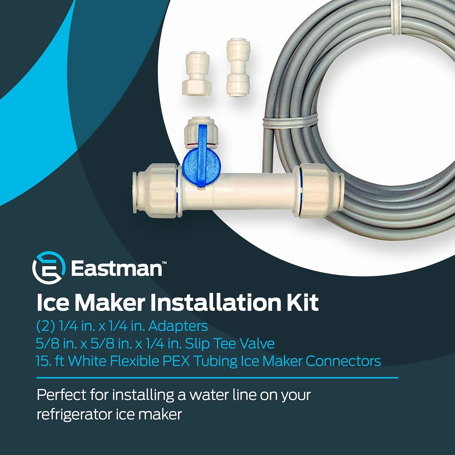 Eastman Ice Maker Installation Kit, 5/8 x 1/4 Inch Slip Tee Valve, 15 Foot White Flexible PEX Tubing Ice Maker Connectors, 60466N