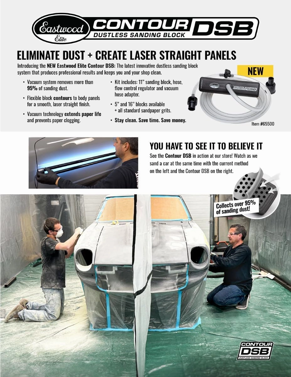 Eastwood Elite Contour DSB Dustless Auto Body Sanding Block Kit | DIY Automotive Sanding Blocks and Contour Hand Sander for Drywall & Autobody Paint Works | 3 Sanders, Hose & 80 Grit Sandpaper Roll