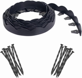 EasyFlex Decorative No-Dig Landscape Edging with Anchoring Spikes, 2.5 in. Tall Scalloped Top Garden Border with Woodgrain Texture, 40 Foot Kit, Black (3210E-40C)