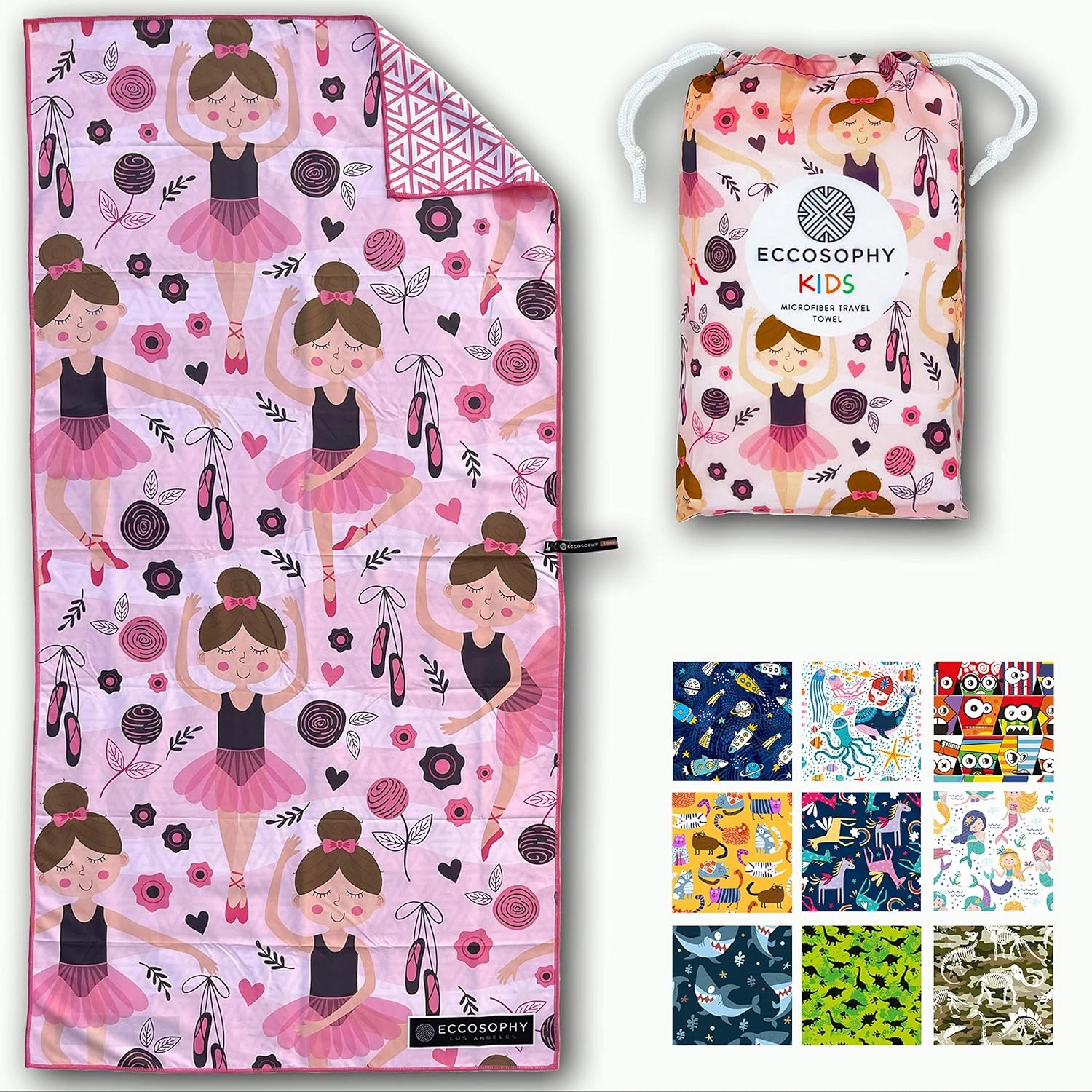 ECCOSOPHY Microfiber Kids Beach Towels & Pouch 60"x30" for Girls & Boys - Quick Dry Pool Towels - Sand Free Beach Blanket for Travel - Camping - Vacation - Toallas Playas