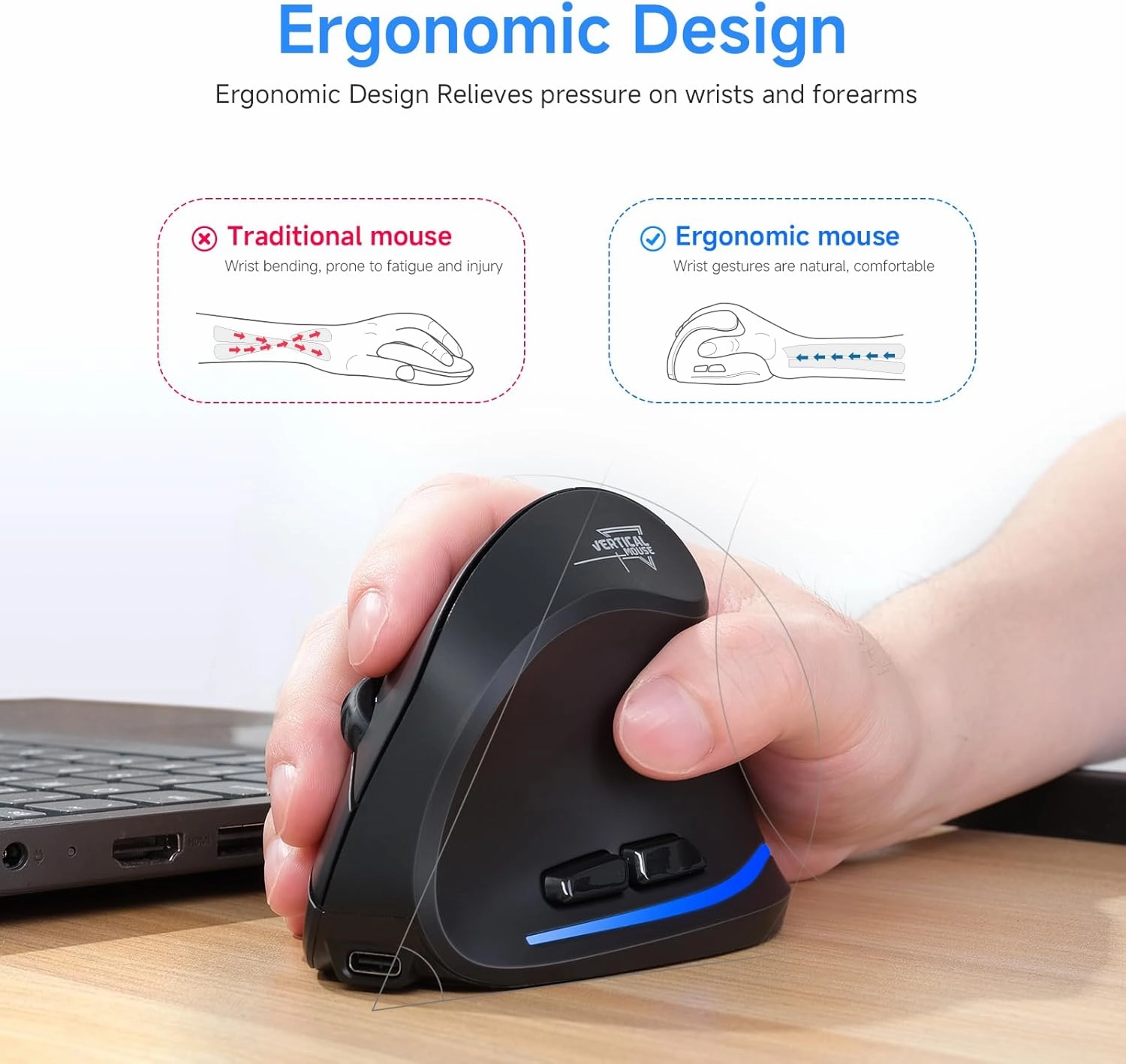 ECHTPower Ergonomic Wireless Mouse, Bluetooth Vertical Mouse with LED Light, Control Up to 3 Devices (BT5.0 BT5.0 2.4GHz), Adjustable DPI 2400/1600/1000, for PC, Laptop, Mac, Windows