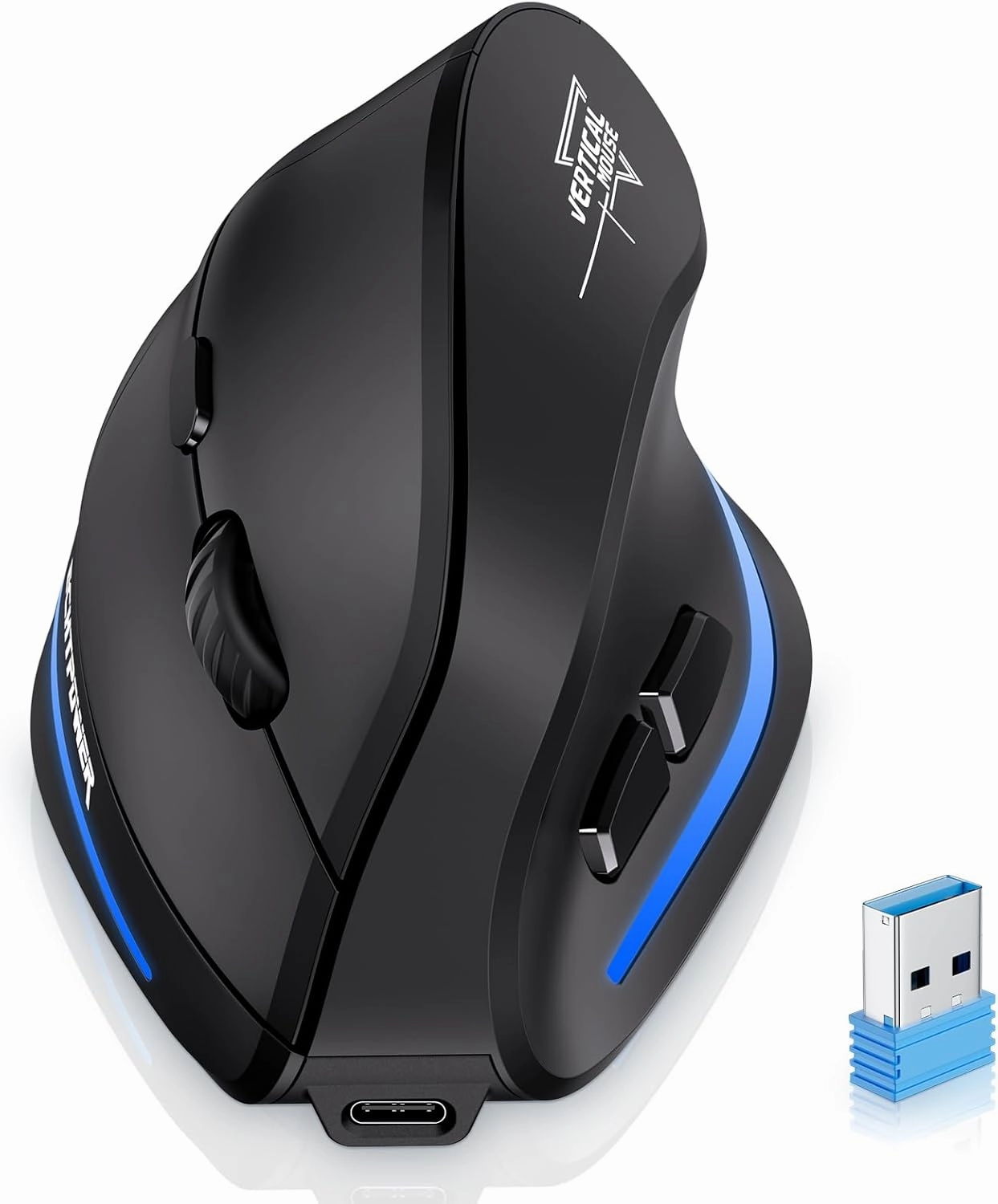 ECHTPower Ergonomic Wireless Mouse, Bluetooth Vertical Mouse with LED Light, Control Up to 3 Devices (BT5.0 BT5.0 2.4GHz), Adjustable DPI 2400/1600/1000, for PC, Laptop, Mac, Windows