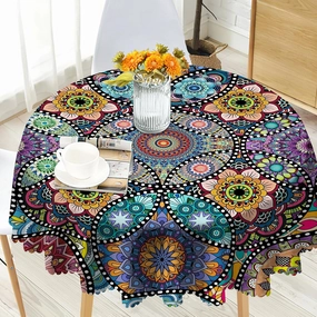 Eikione Boho Round Tablecloth, 60inch Bohemia Table Cover, Colorful Polyester Waterproof Stain Resistant, Wrinkle Free, Circle Tablecloth for Indoor and Outdoor Use