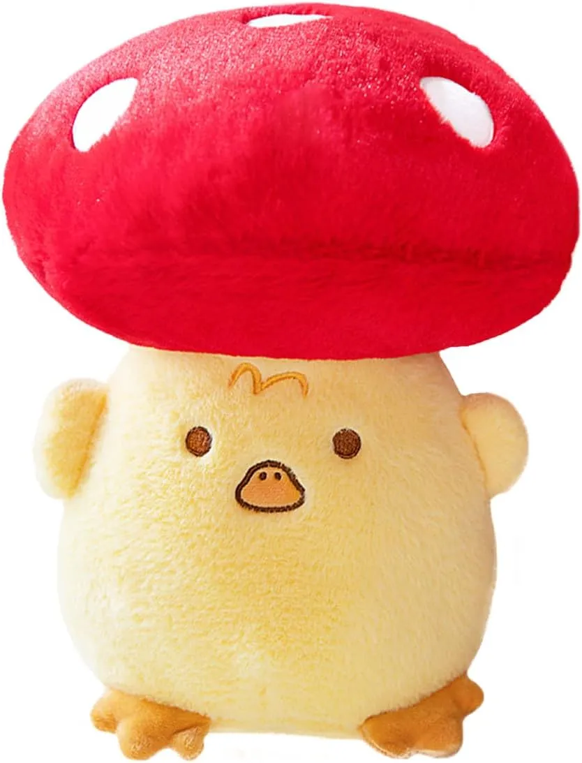 ELAINREN Cuddle Red Mushroom with Duck Plush Toy Furry Yellow Duck Mushroom Stuffed Doll Gifts/11.8''