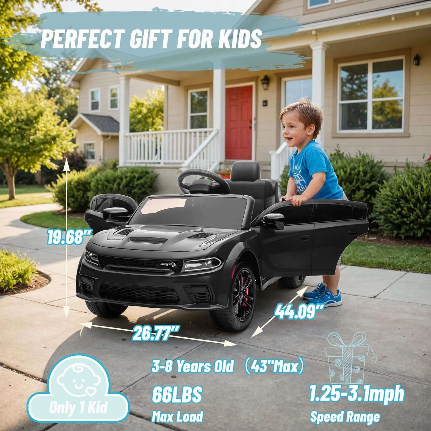 Electric Car for Kids,Licensed Dodge Charger SRT Hellcat Ride on Car,3.1mph Max Speed,12V 7A Kids Electric Vehicle with Remote Control,Music,LED Light,Bluetooth (Black)