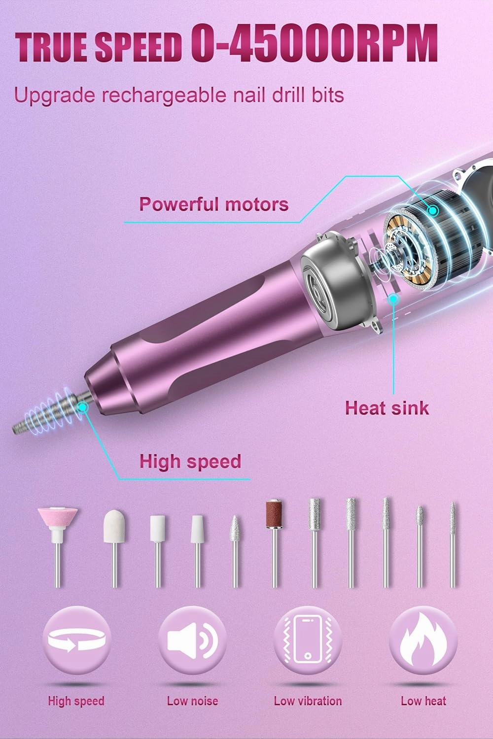 Electric Nail Drill Professional, 45000RPM Cordless Electric Nail File for Acrylic Gel Nails, Manicure Pedicure Polishing Shape Tools for Home Salon with 11pcs Drill Kits, Pink