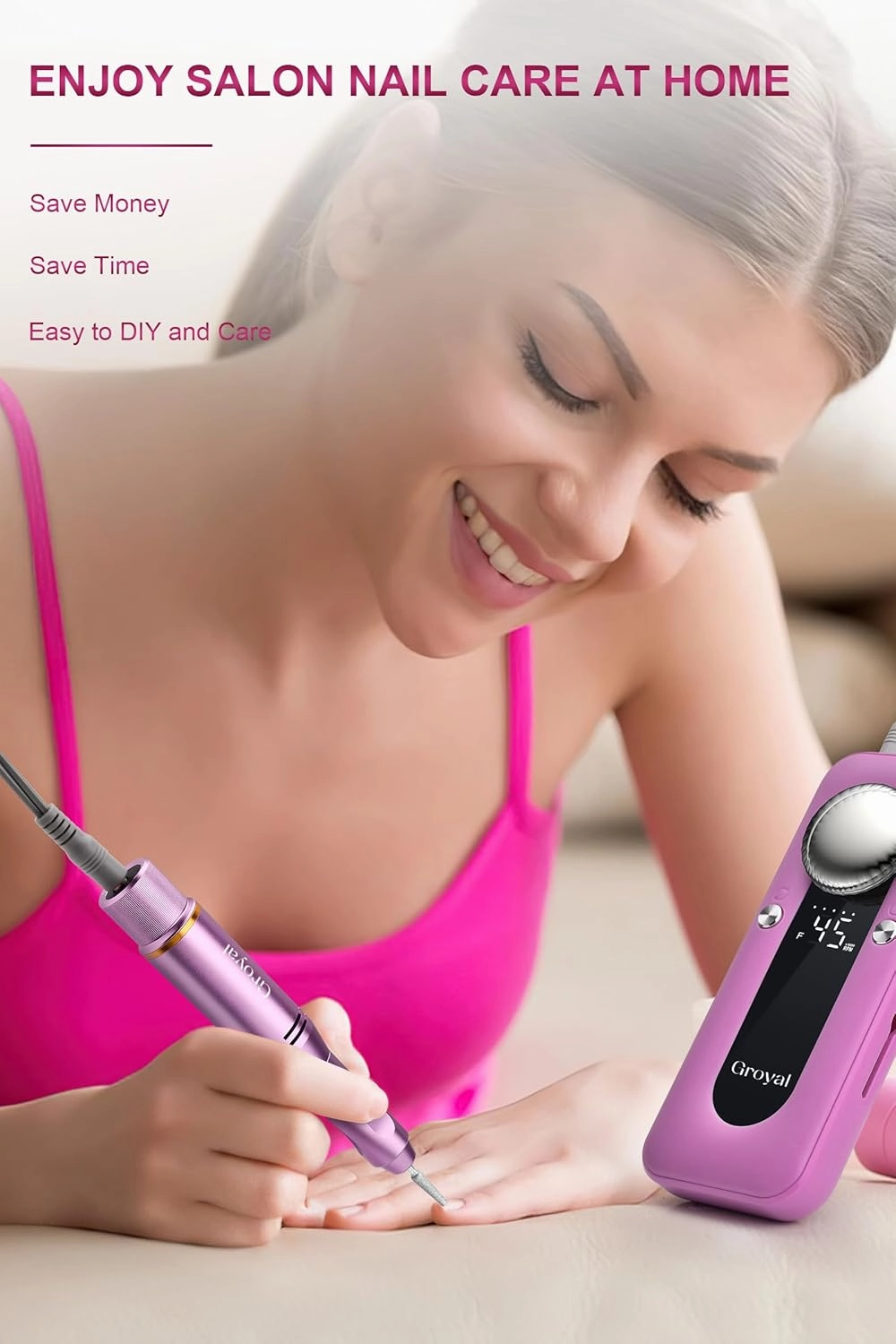 Electric Nail Drill Professional, 45000RPM Cordless Electric Nail File for Acrylic Gel Nails, Manicure Pedicure Polishing Shape Tools for Home Salon with 11pcs Drill Kits, Pink