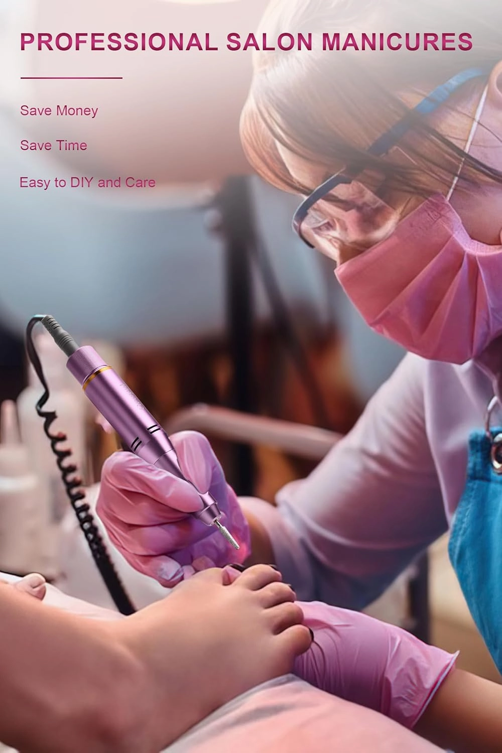 Electric Nail Drill Professional, 45000RPM Cordless Electric Nail File for Acrylic Gel Nails, Manicure Pedicure Polishing Shape Tools for Home Salon with 11pcs Drill Kits, Pink