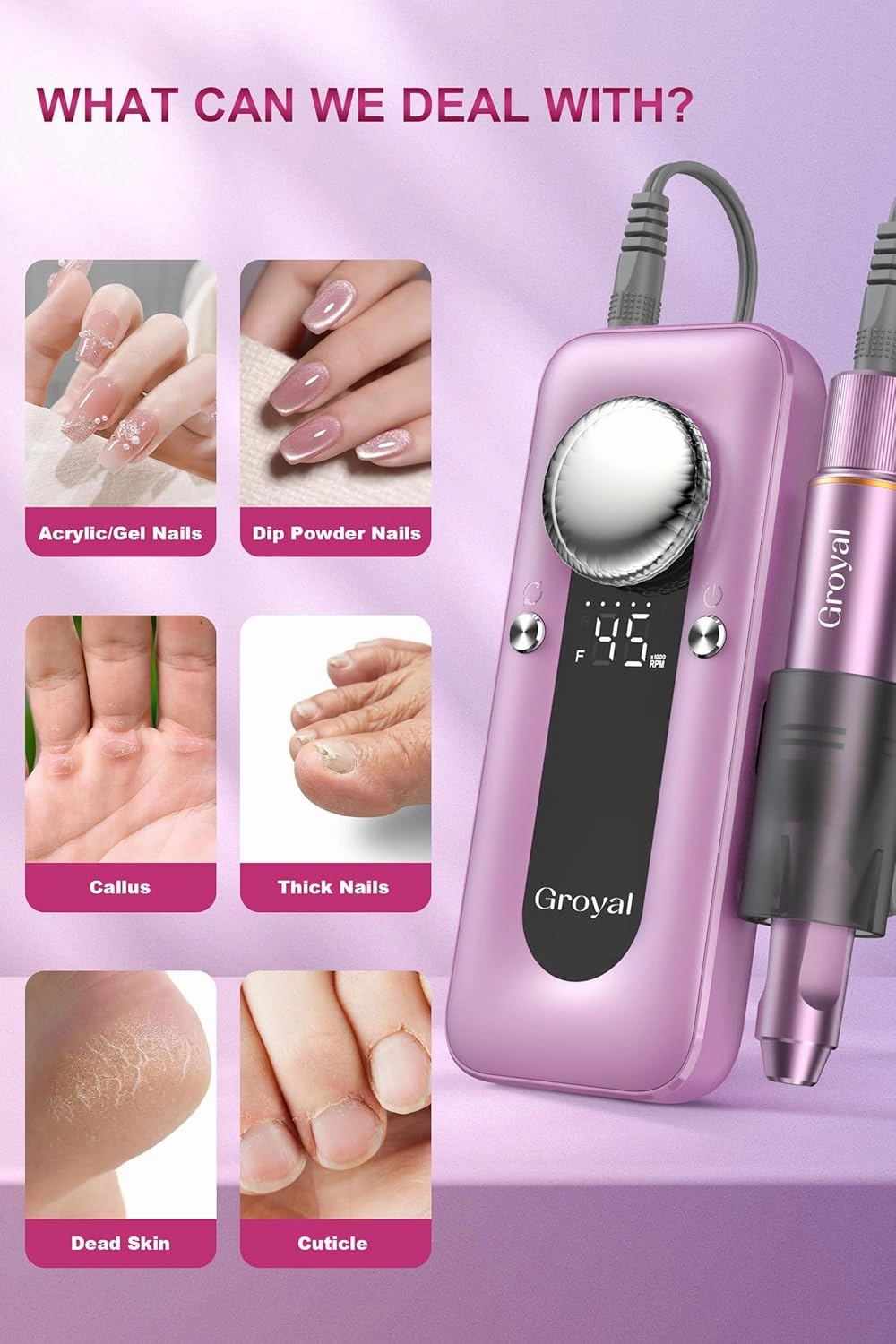 Electric Nail Drill Professional, 45000RPM Cordless Electric Nail File for Acrylic Gel Nails, Manicure Pedicure Polishing Shape Tools for Home Salon with 11pcs Drill Kits, Pink