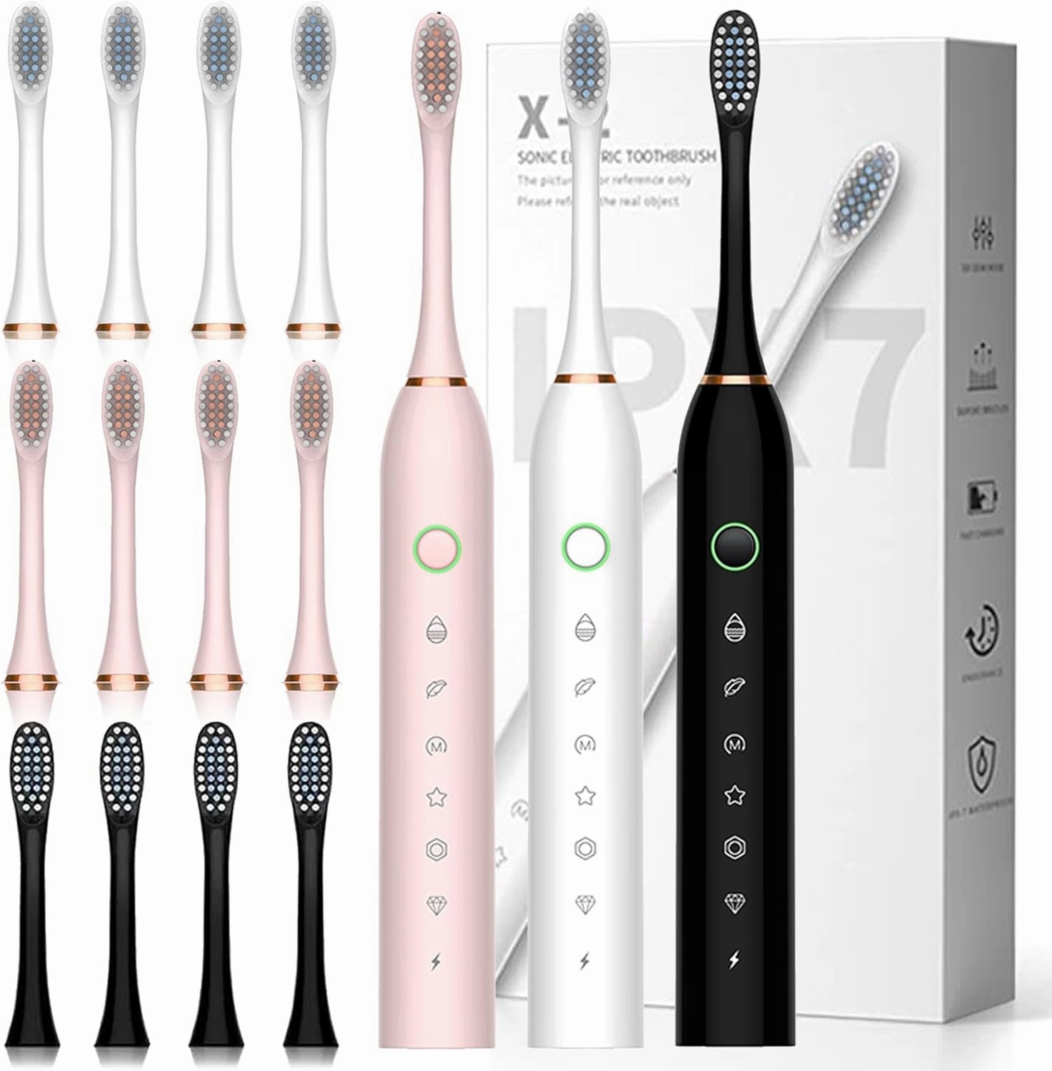 Electric Toothbrush with 8 Brush Heads, 42000vpm 6 Modes IPX7 Waterproof, Soft Electric Toothbrush for Adults - 3 Pack, Black White Pink