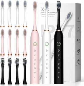 Electric Toothbrush with 8 Brush Heads, 42000vpm 6 Modes IPX7 Waterproof, Soft Electric Toothbrush for Adults - 3 Pack, Black White Pink