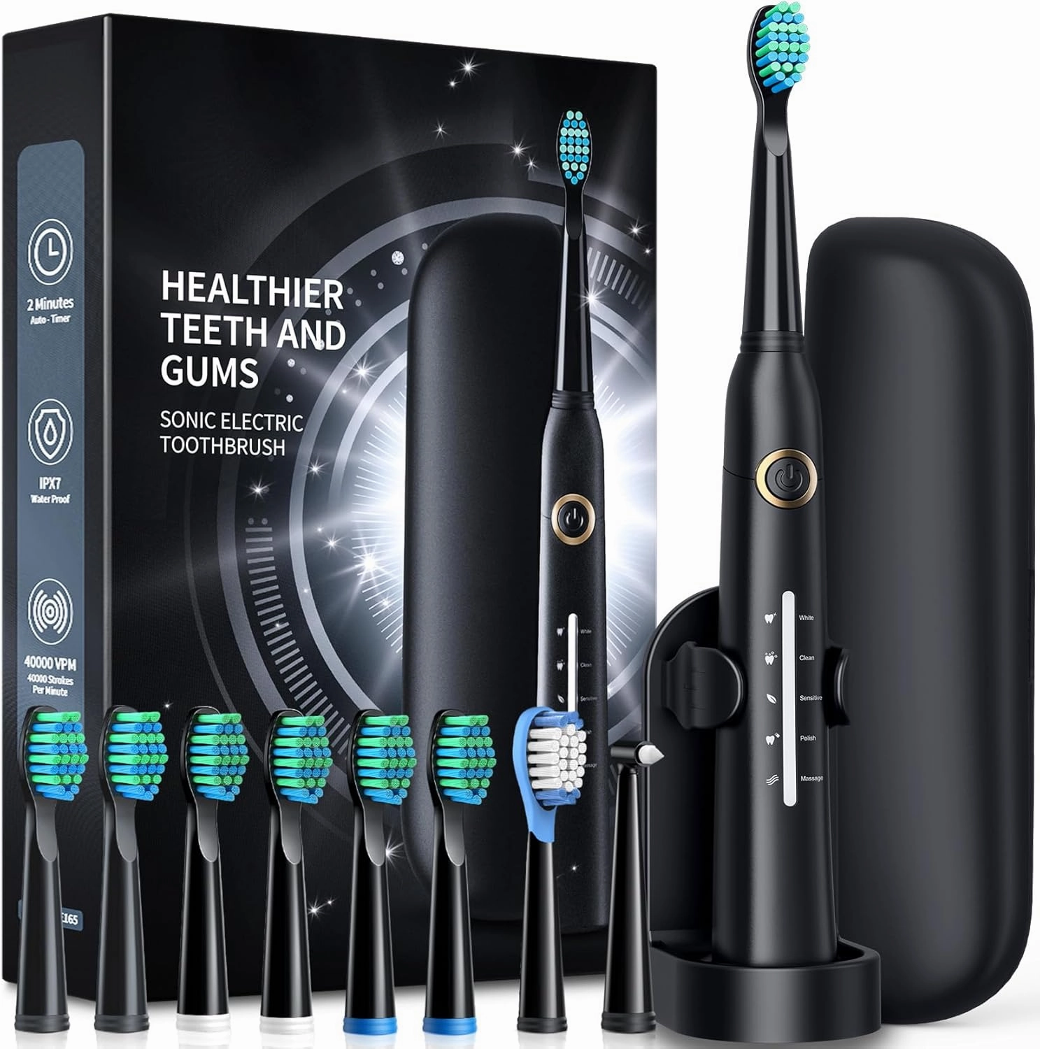 Electric Toothbrush with Travel Case, Sonic Toothbrush for Adults with 8 Brush Heads for 2-Year Use, 40000 VPM Deep Clean Rechargeable Toothbrushes Last 30 Days with 5 Modes