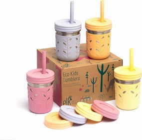 Elk and Friends Stainless Steel Cups | 10 oz Mason Jar design | Kids & Toddler Cups with Silicone Sleeves & Straws with Stopper | Smoothie Cups