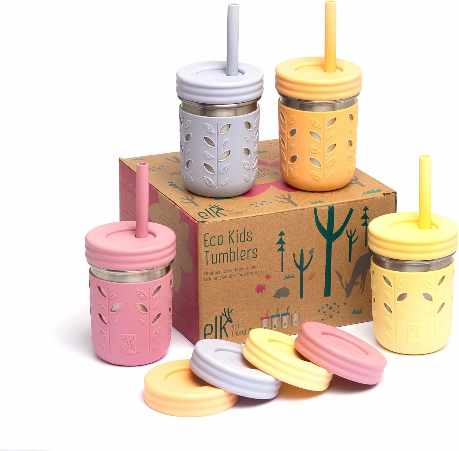 Elk and Friends Stainless Steel Cups | 10 oz Mason Jar design | Kids & Toddler Cups with Silicone Sleeves & Straws with Stopper | Smoothie Cups