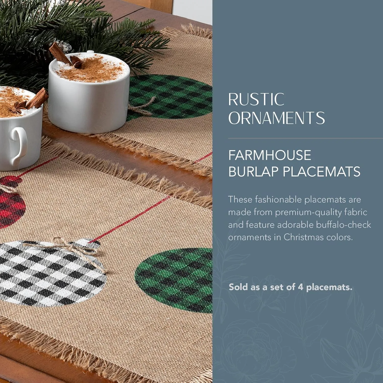 Elrene Home Fashions Farmhouse Living Holiday Rustic Ornaments Burlap Placemat Set, 13 Inches x 19 Inches, Set of 4