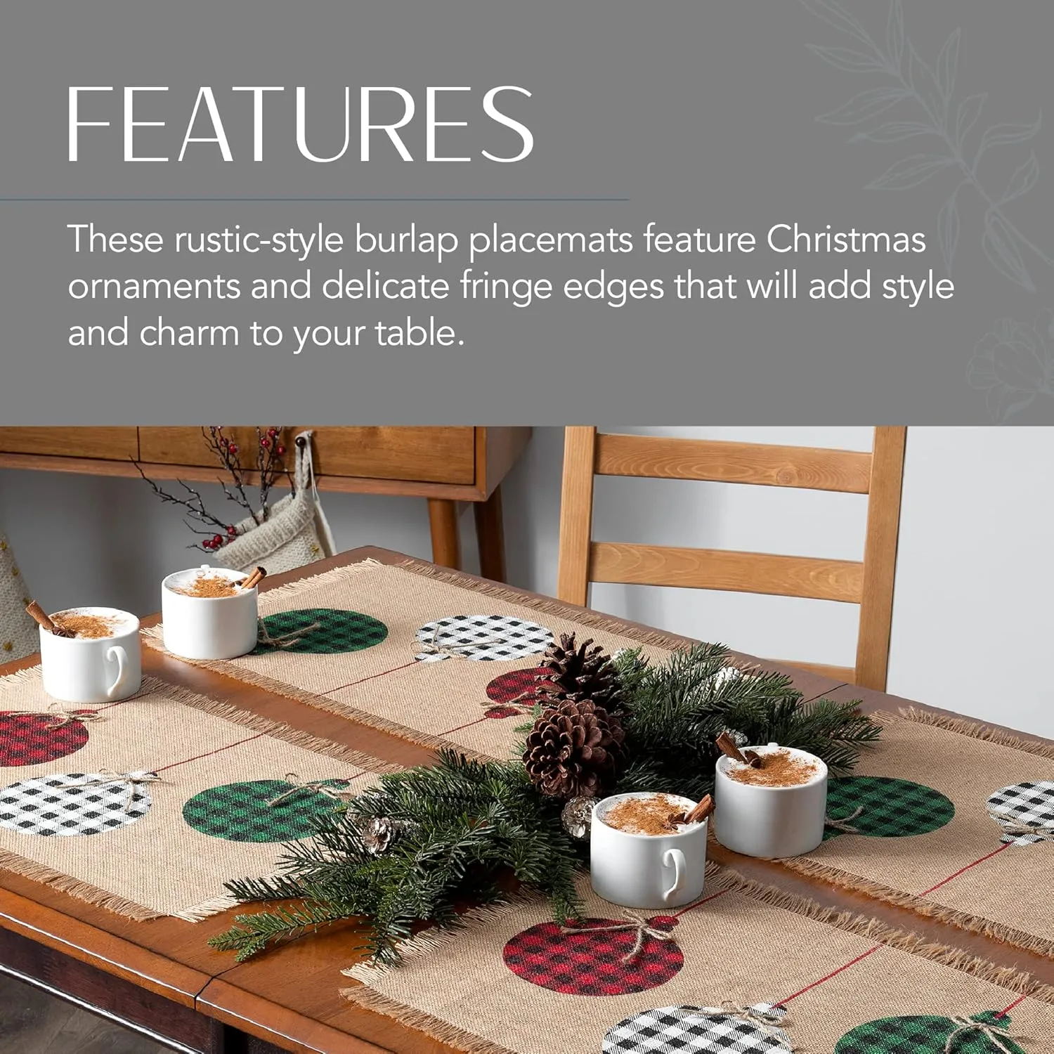 Elrene Home Fashions Farmhouse Living Holiday Rustic Ornaments Burlap Placemat Set, 13 Inches x 19 Inches, Set of 4